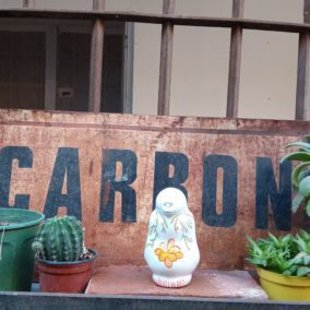 Pinguino pintado con una flor en la pulperia